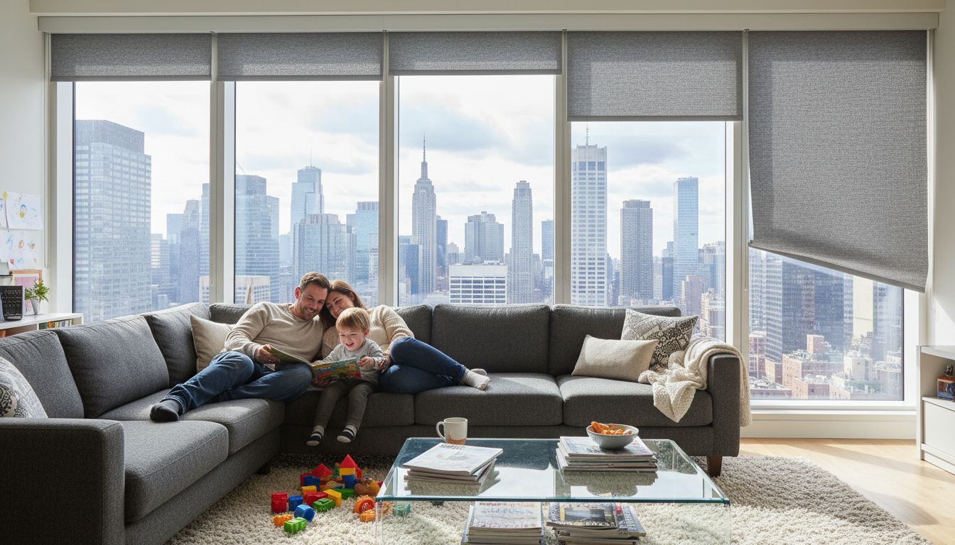 Family in living room with custom roller shades