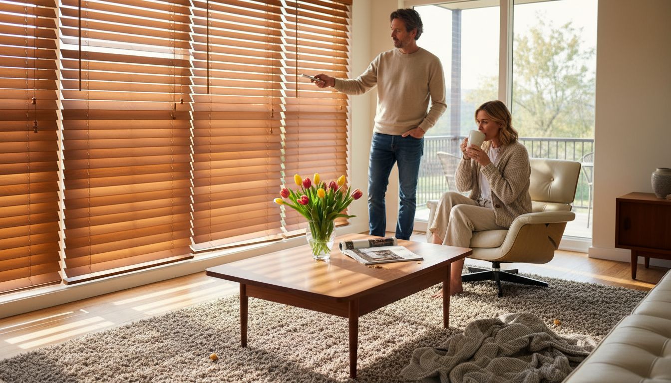 Couple using remote for wooden blinds
