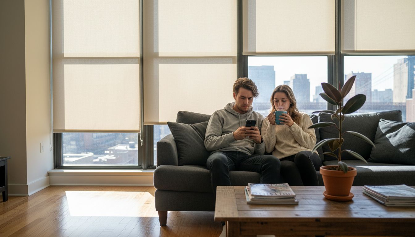 Couple relaxing with custom roller shades in living room