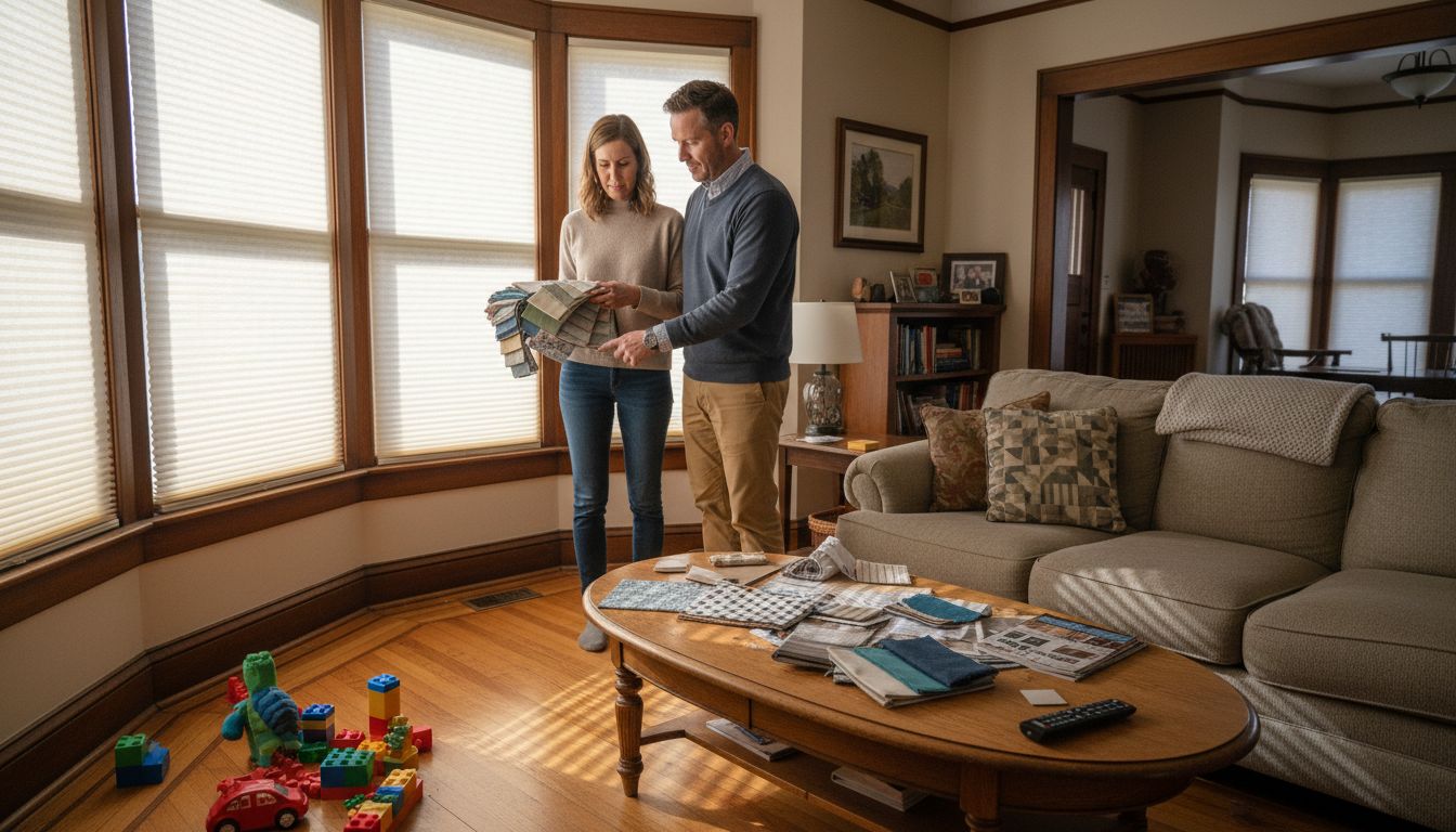 Couple choosing window coverings in living room