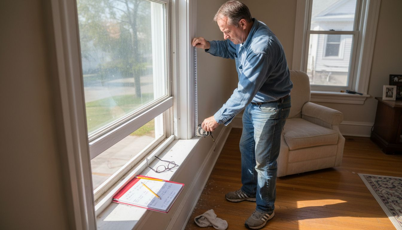Man measuring window frame in living room