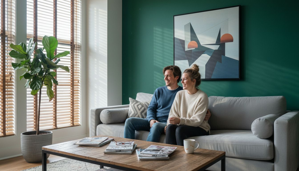Couple in living room with bold accent wall and custom blinds