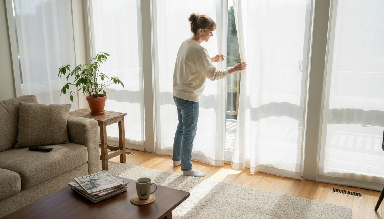 Woman adjusting privacy shades in sunlit room