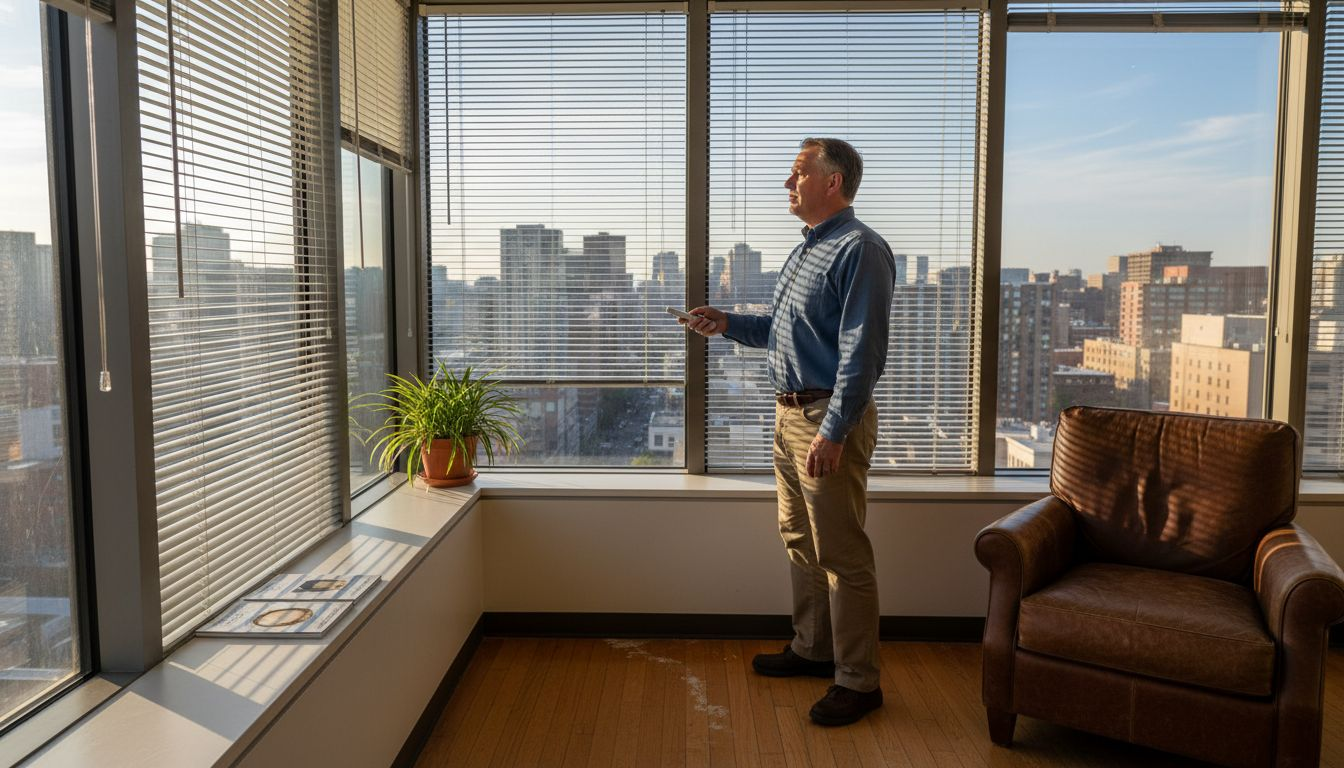 Homeowner adjusts motorized blinds in sunlit office