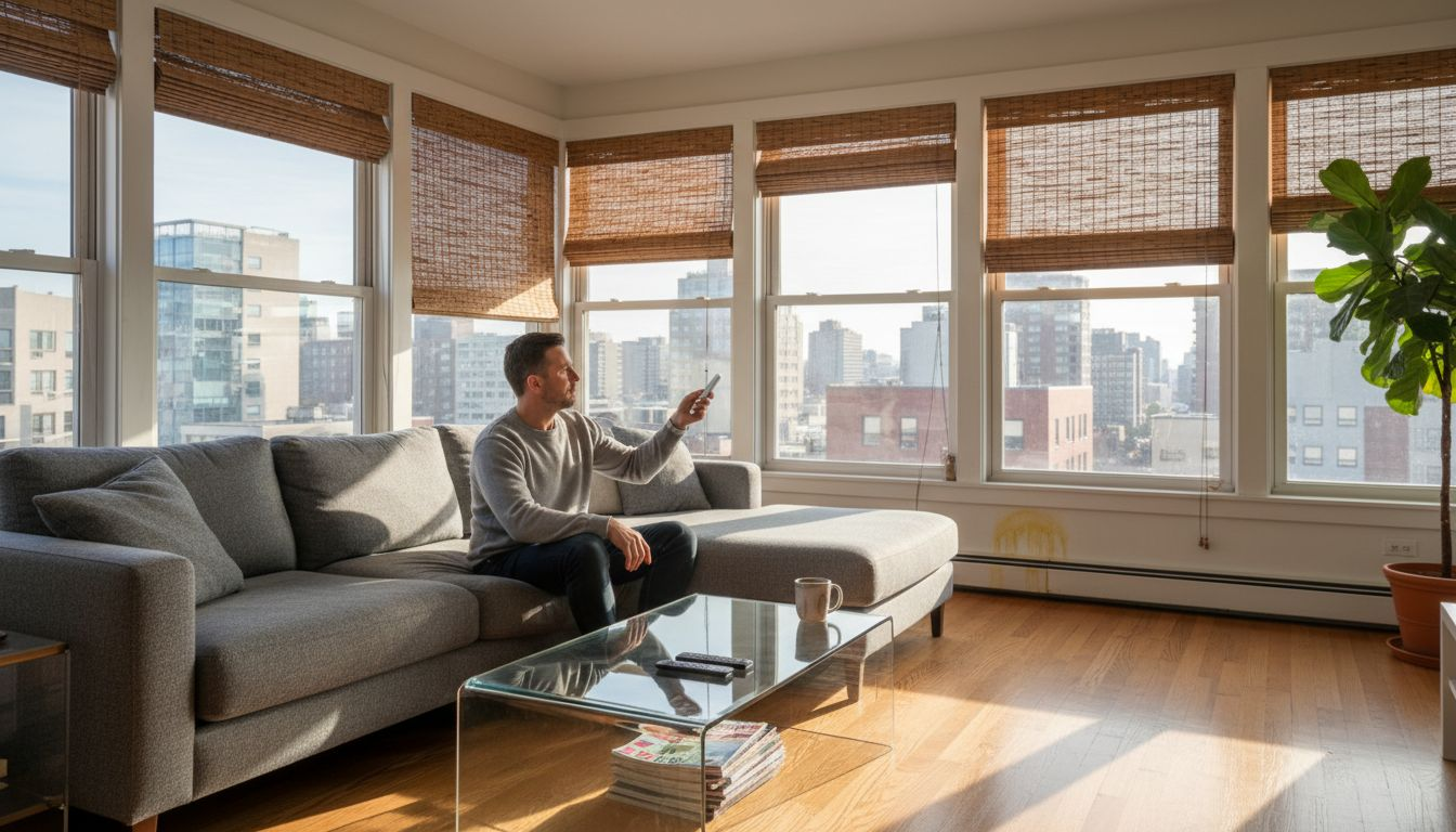 Man uses remote for motorized blinds