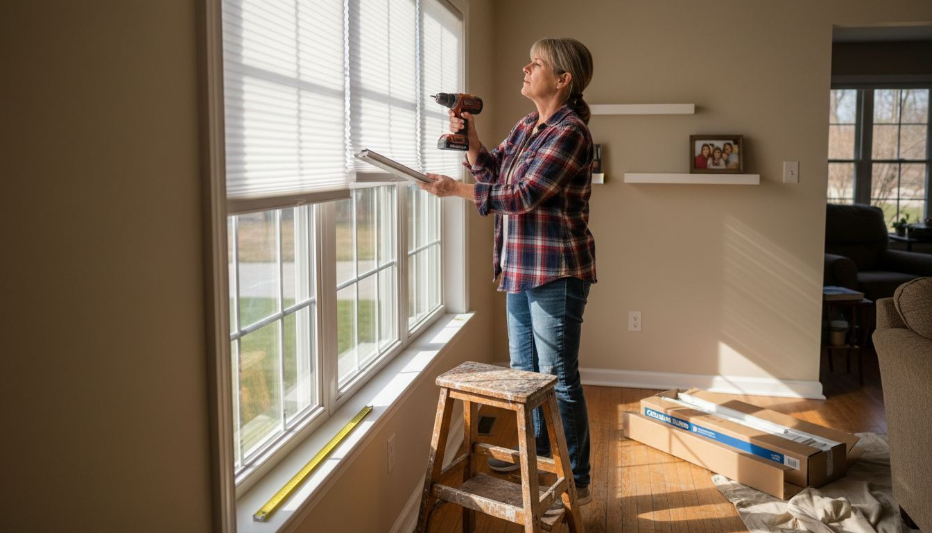 Woman installing blinds in sunlit living room