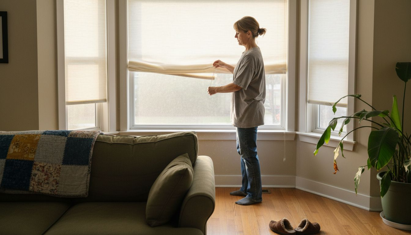Woman adjusting privacy shades at home window