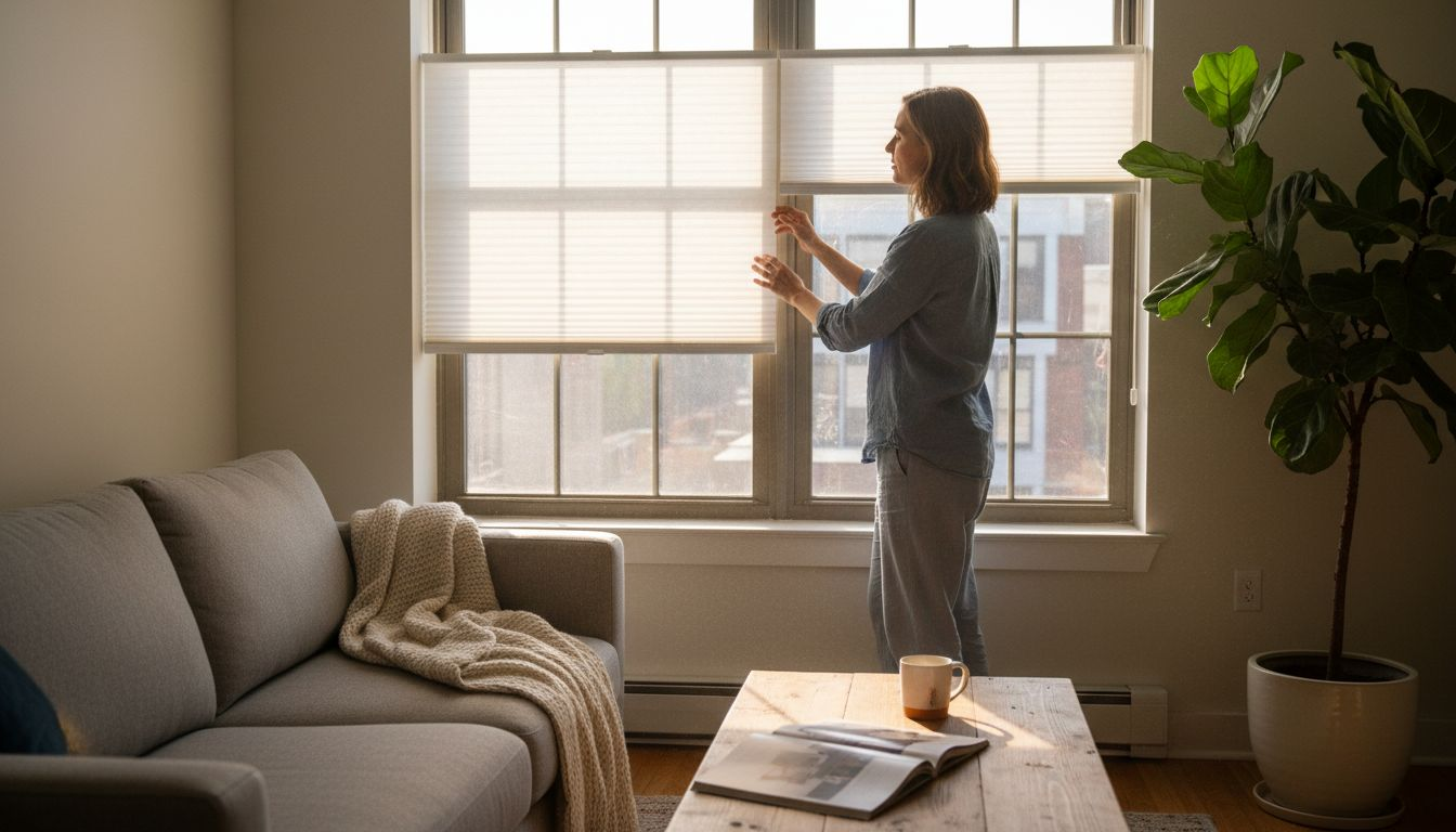 Woman adjusting top bottom shades in living room