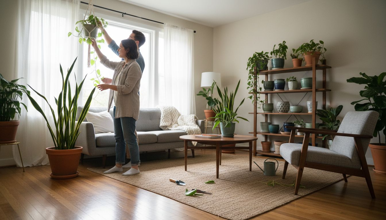 Couple decorating sunlit living room with indoor plants