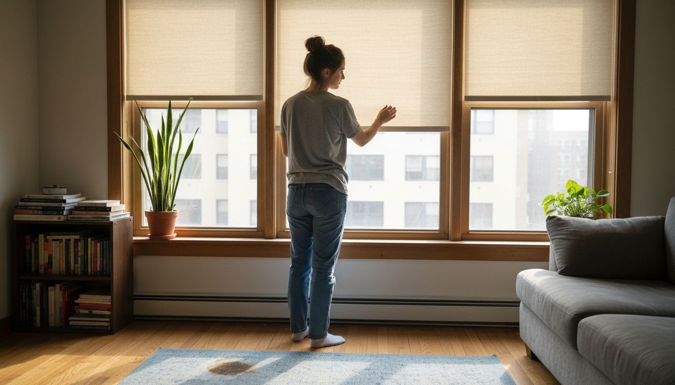 Woman installing no drilling blinds in city apartment