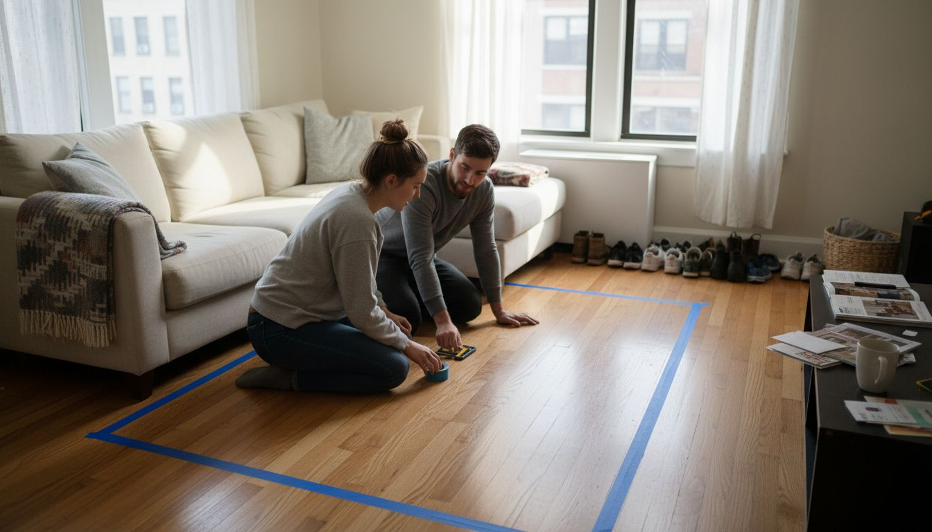 Couple using tape to choose rug size in living room