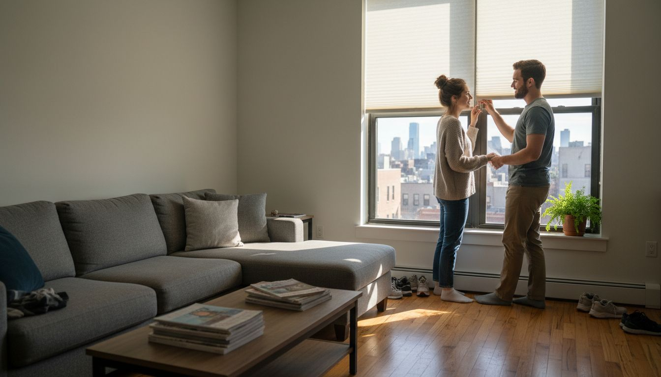 Couple adjusting blinds in sunlit living room