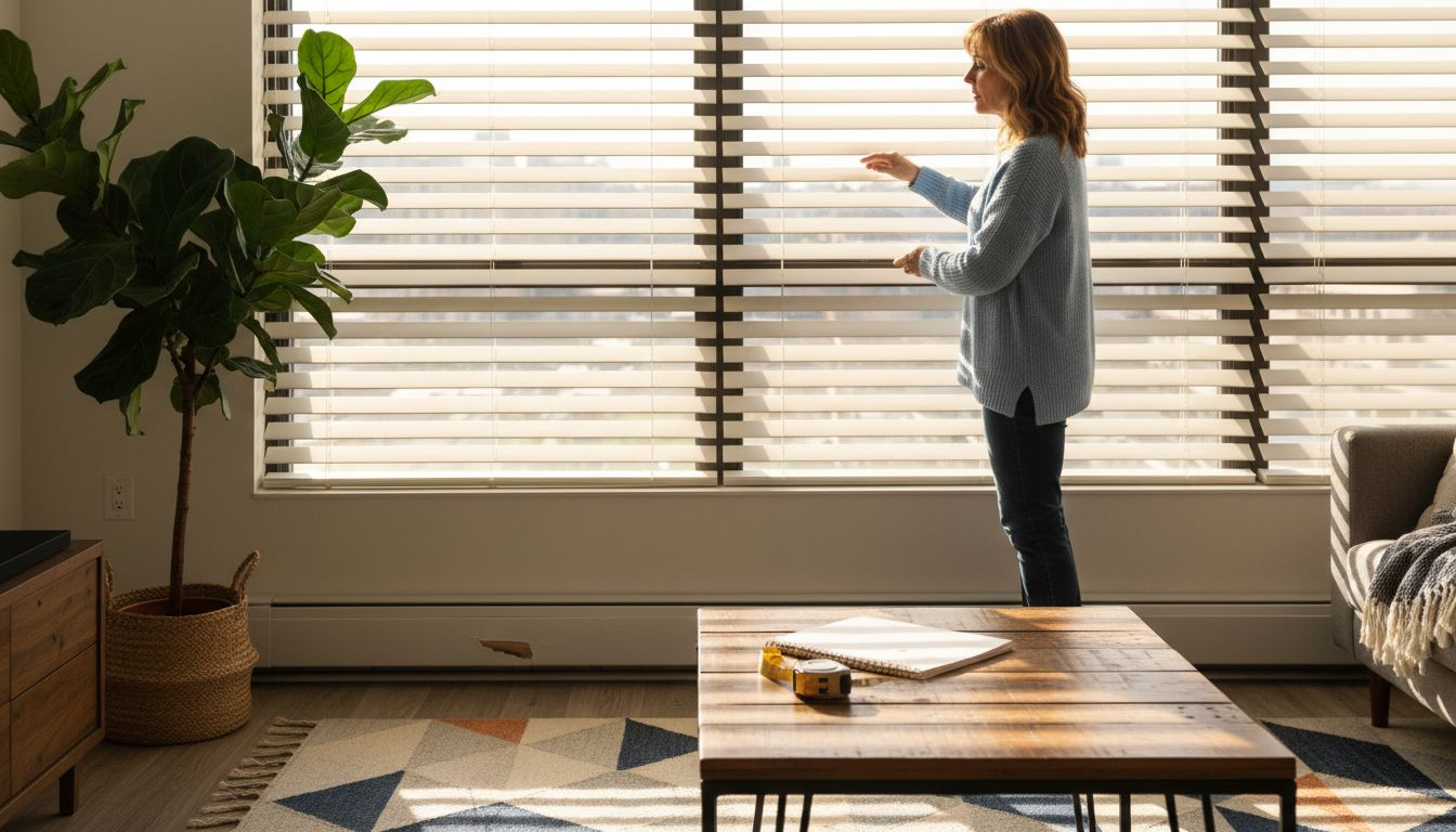Woman reviewing custom blinds installation in home