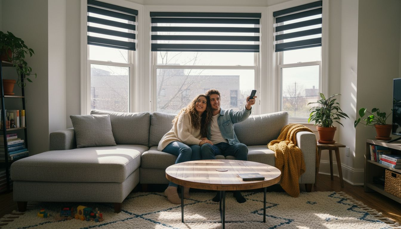 Couple using remote for motorized shades
