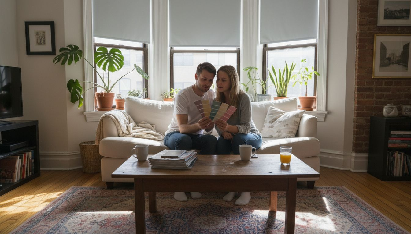 Couple choosing roller shade colors in living room