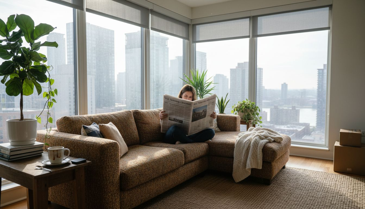 Woman reading with see-through window shades