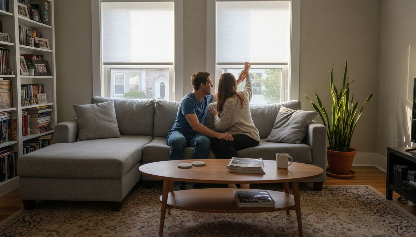 Couple adjusts stylish privacy shades in living room