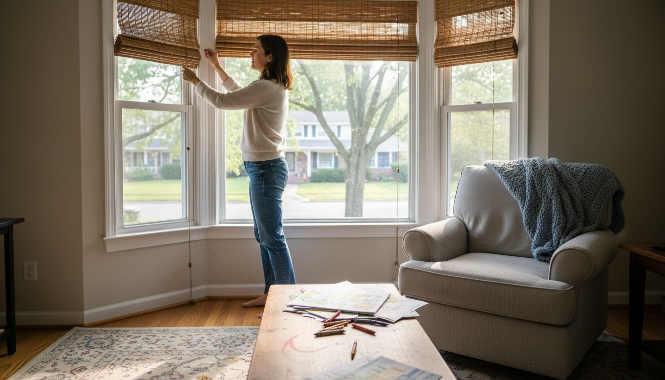 Woman adjusting woven Roman shades in sunlight