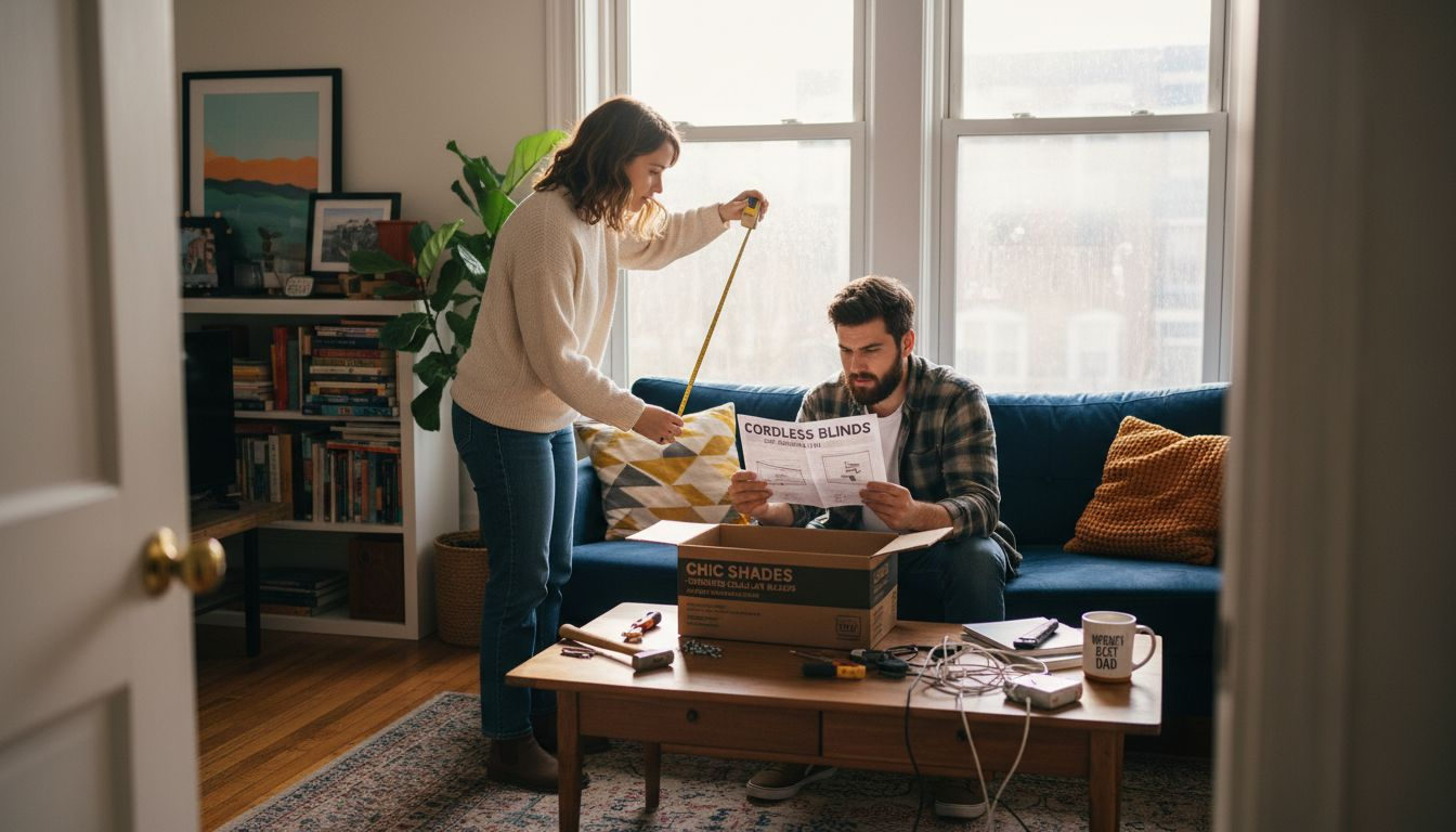 Couple checks window blinds installation instructions