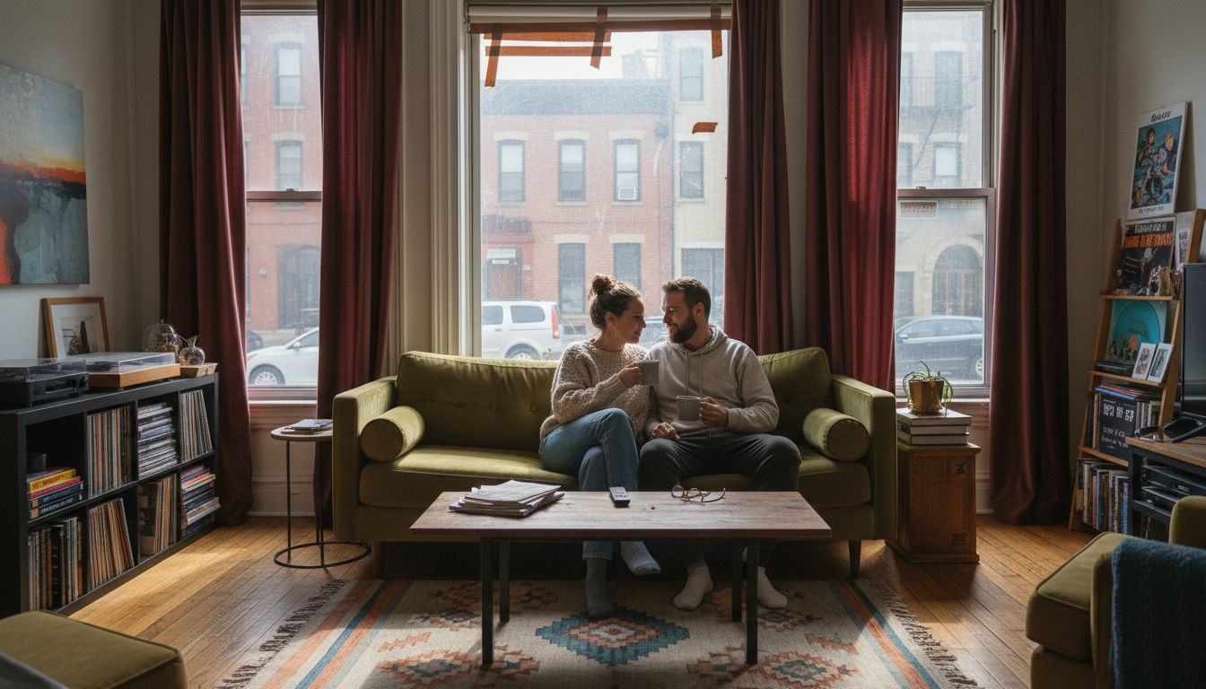 Couple relaxing in quiet city apartment living room
