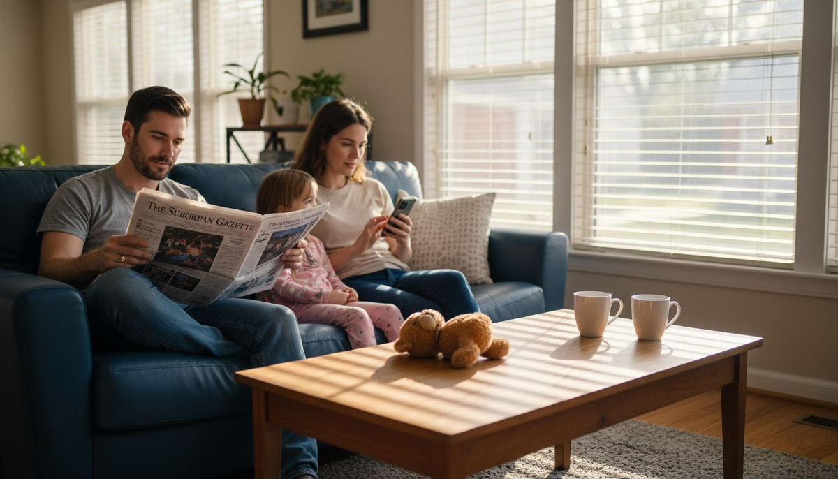 Family relaxing near custom blinds in living room