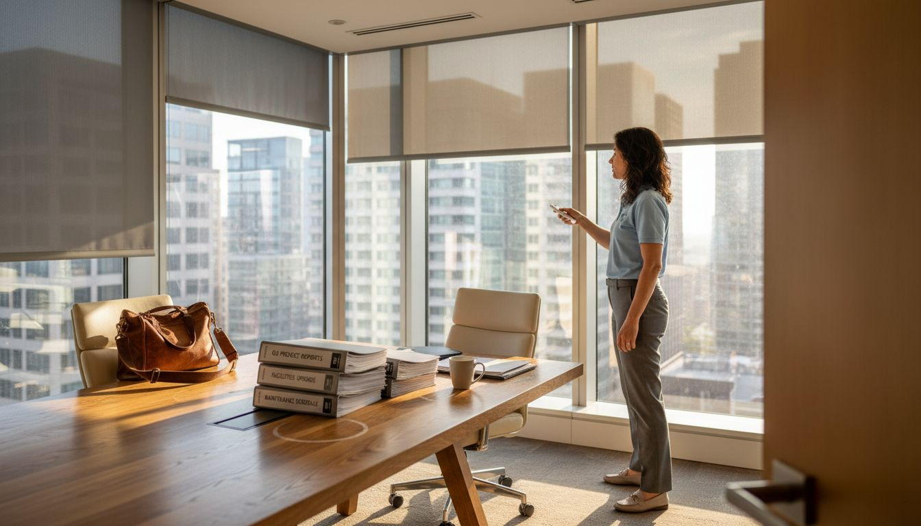 Manager activating motorized solar shades in office