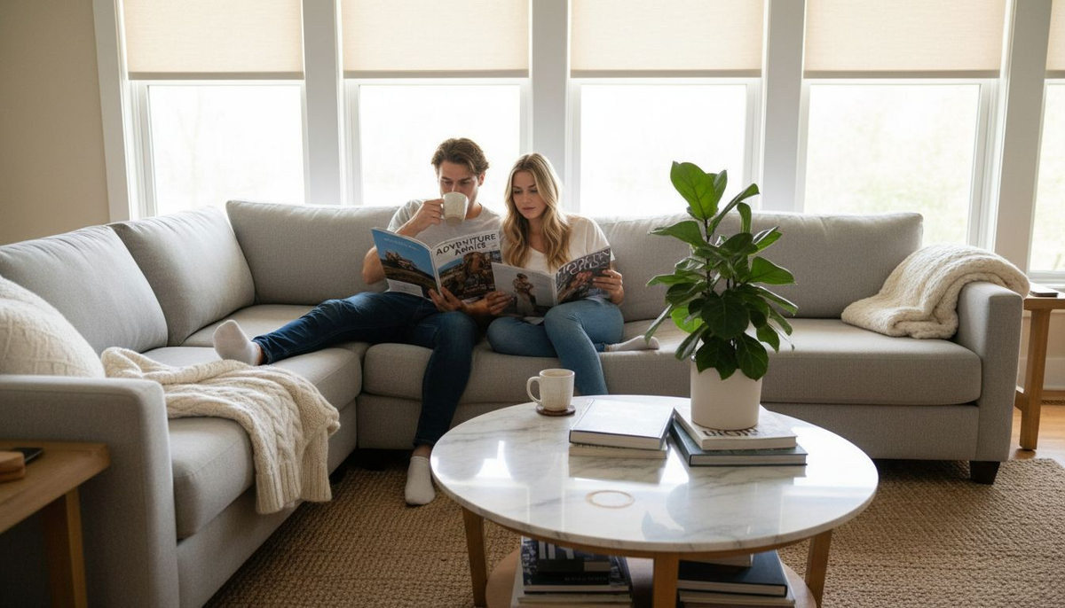 Couple relaxing with light filtering roller shades