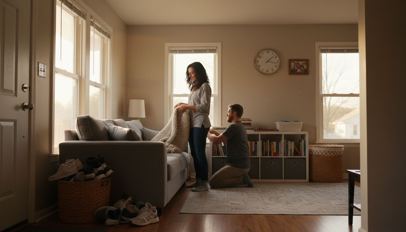 Couple organizing cozy living room space