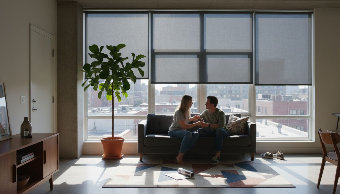Couple adjusting custom blinds in modern apartment