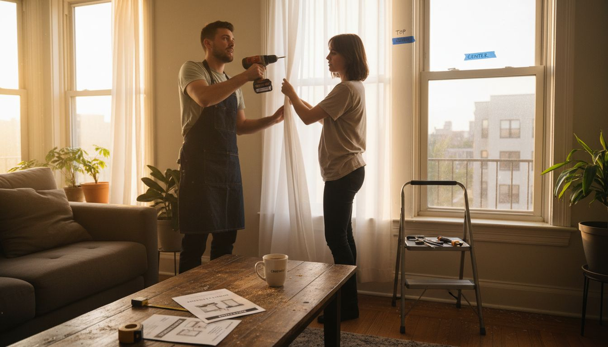 Couple installing window coverings in living room