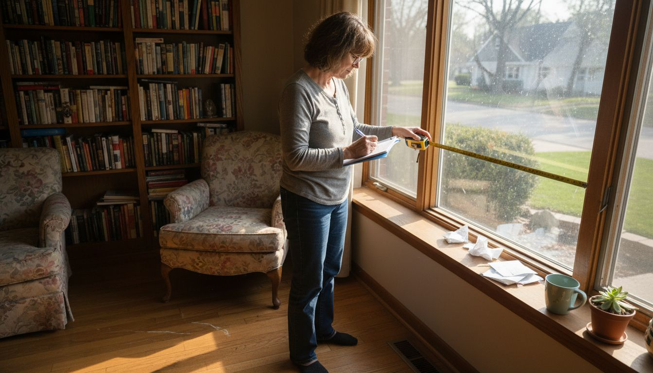Homeowner measuring living room window shades