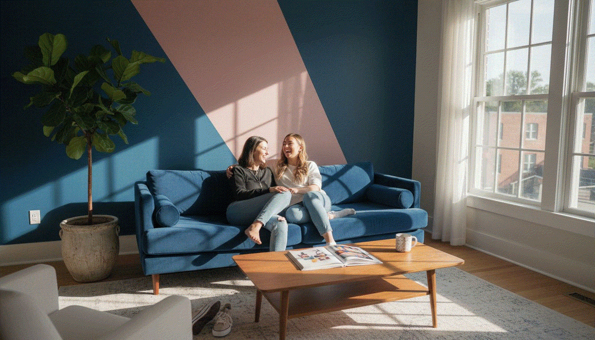 Living room with a blue sofa against a navy accent wall and blush geometric panel, featuring Accent Wall Inspiration Tips visibly styled naturally