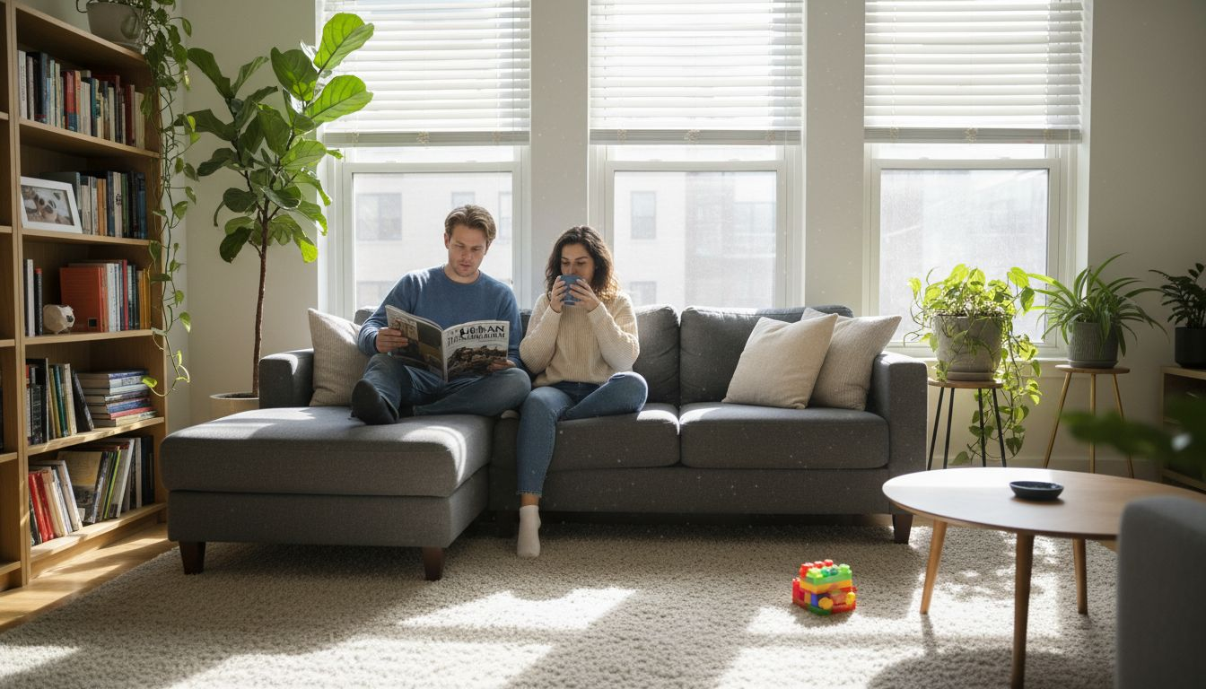 Couple in living room with automatic blinds