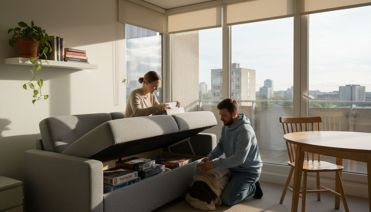 Couple organizing storage sofa in sunny urban apartment