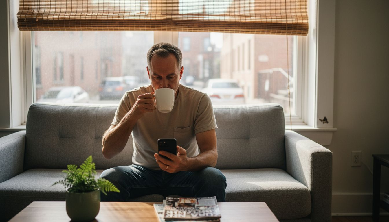Bamboo shades in city apartment living room