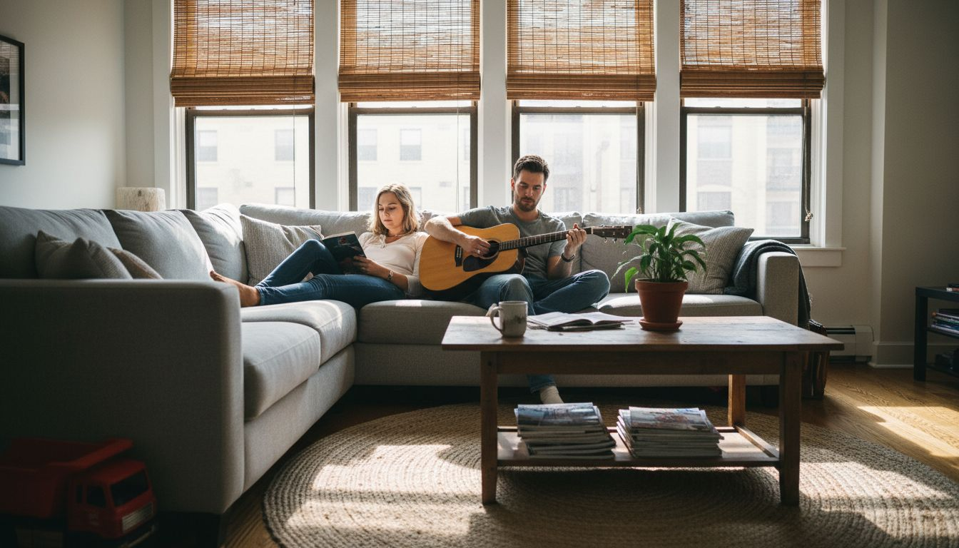 Relaxed couple in living room with eco blinds