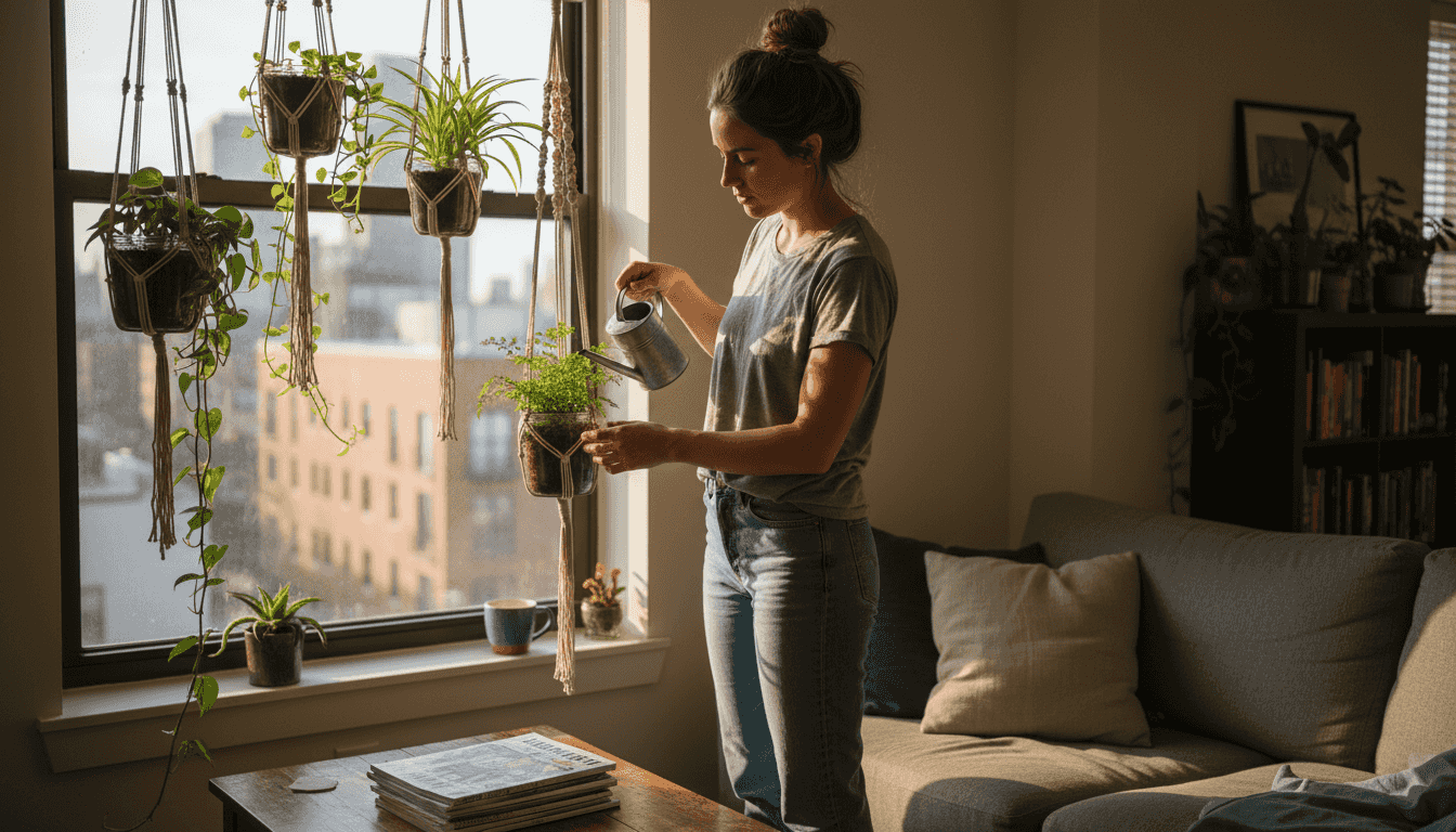 Woman watering DIY hanging planter in city apartment