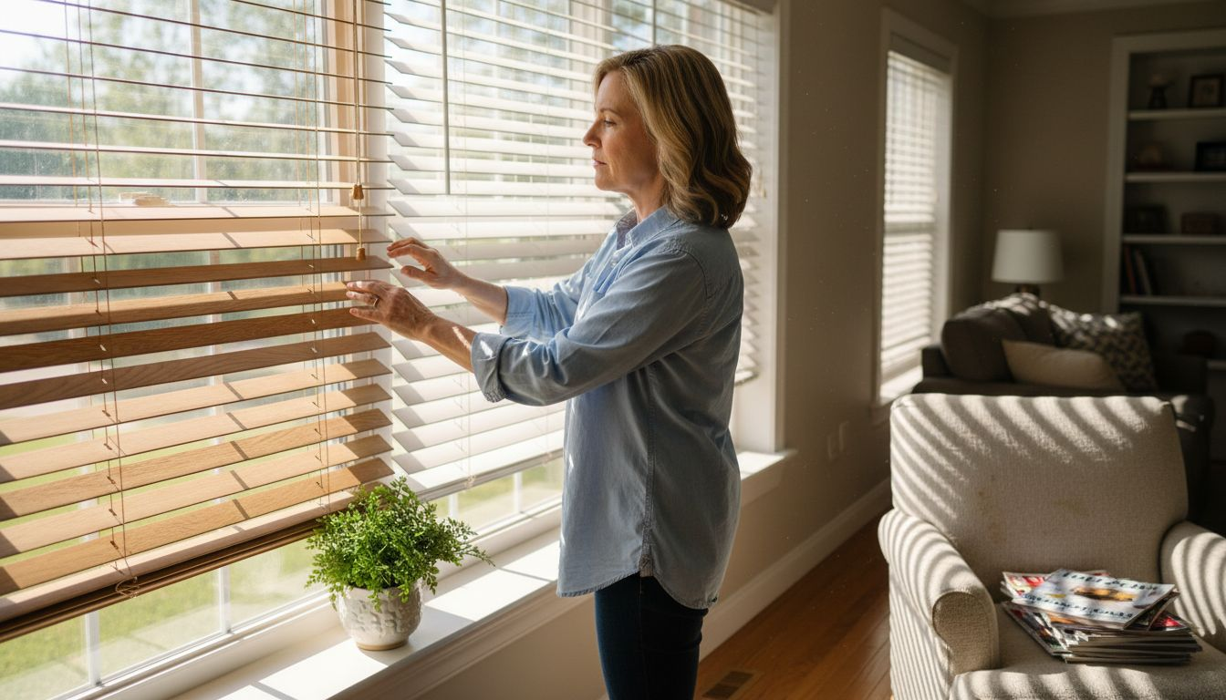 Homeowner comparing wood and faux blinds