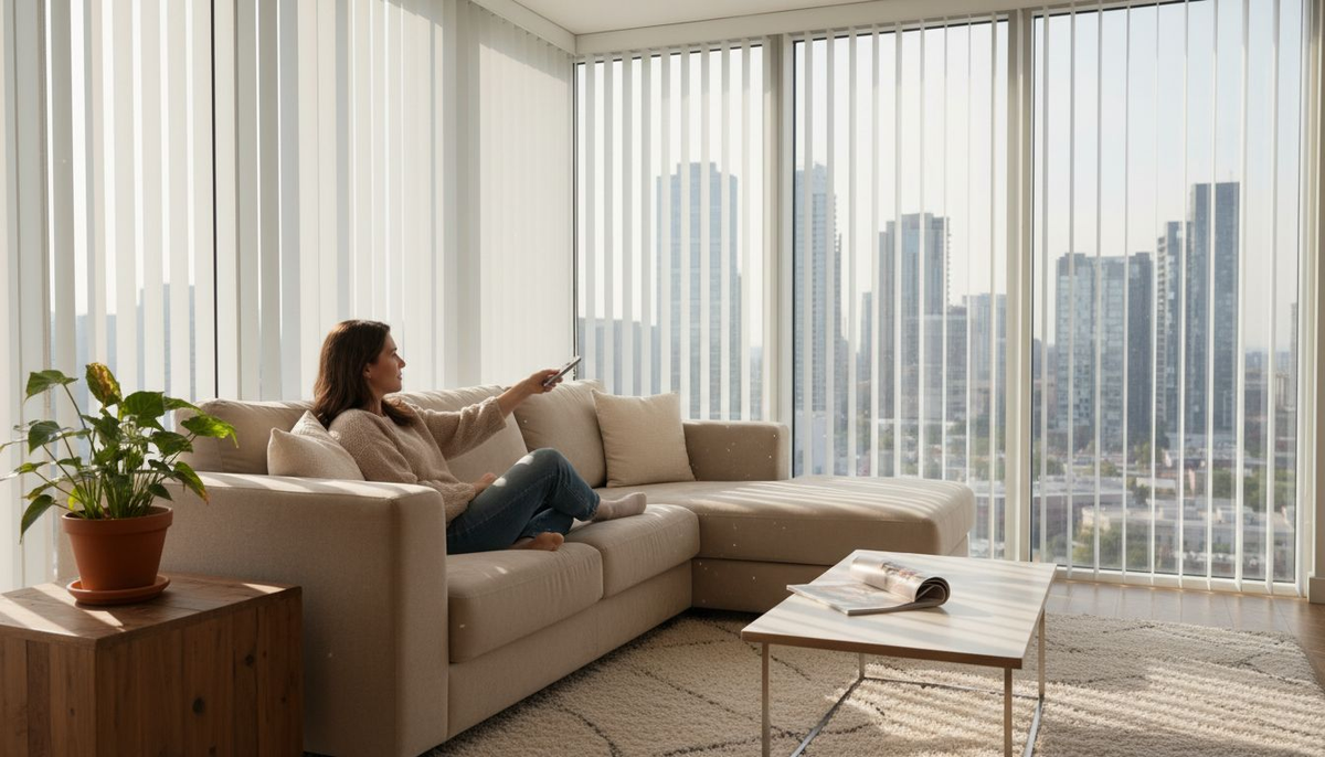 Woman using remote to adjust vertical blinds