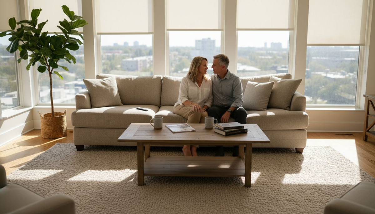 Couple relaxes with motorized sun shades lowering