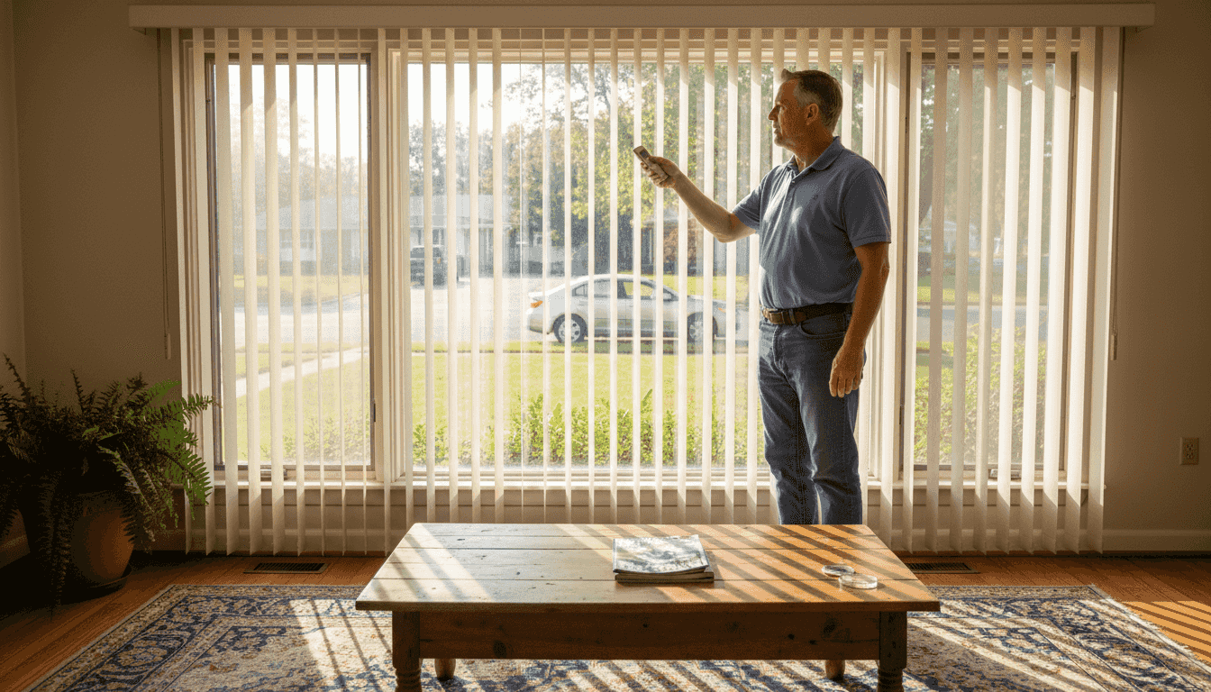 Homeowner adjusting motorized vertical blinds