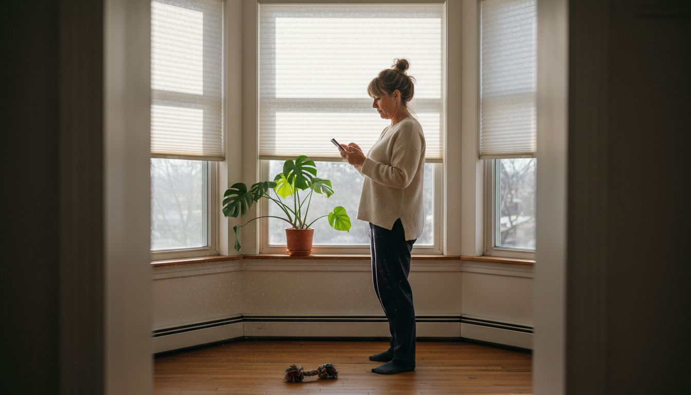 Woman using smartphone to control blinds