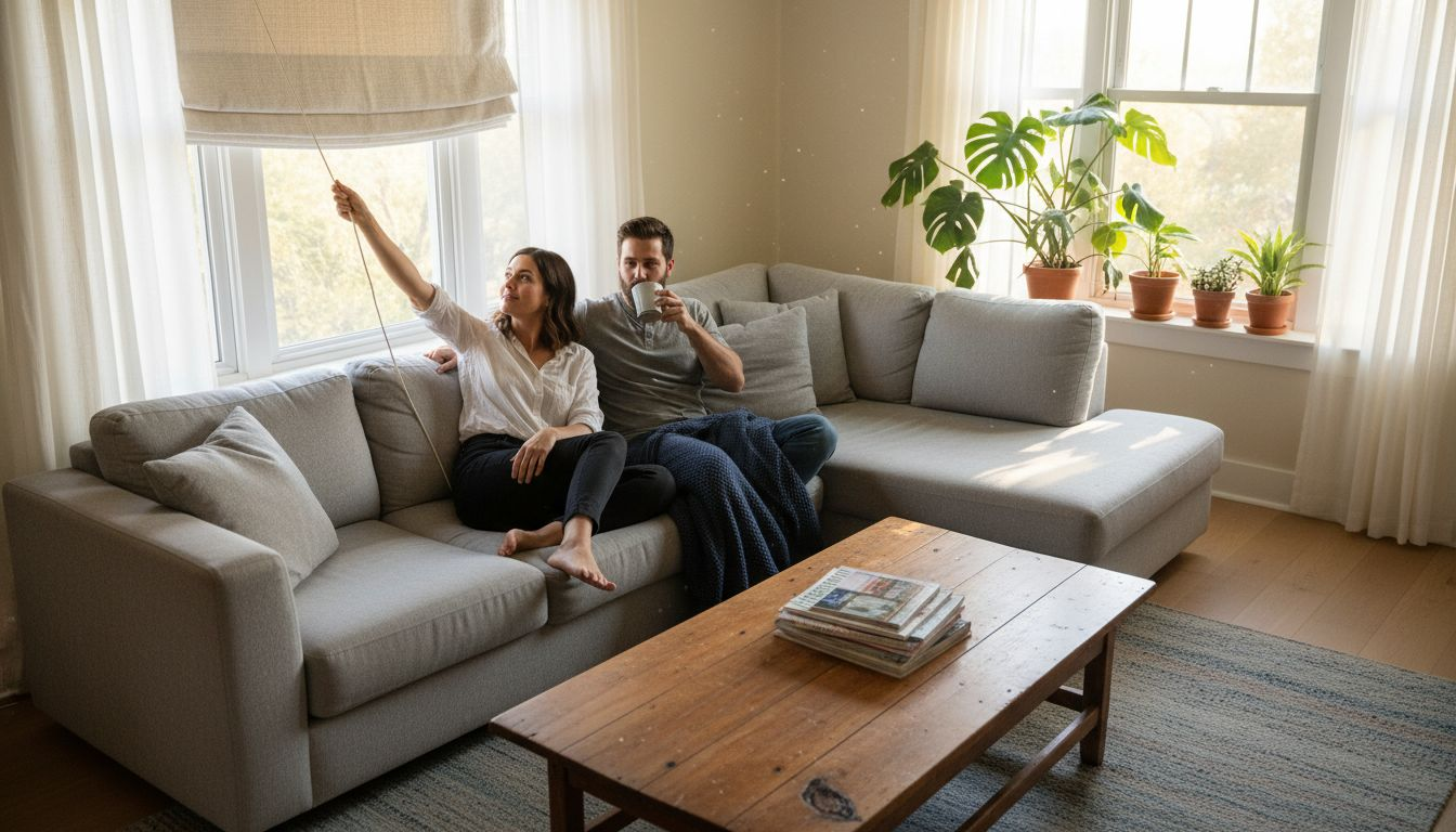 Couple in sunlit living room adjusting window shades