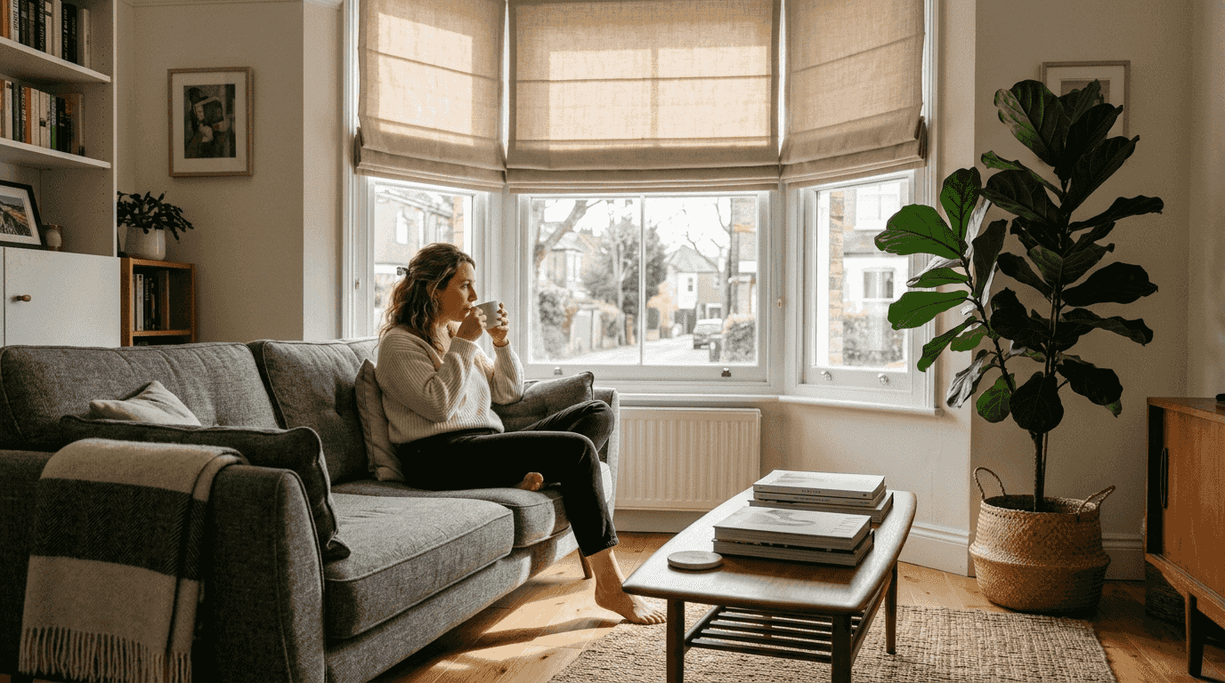 Woman sitting in bright living room with fabric blinds