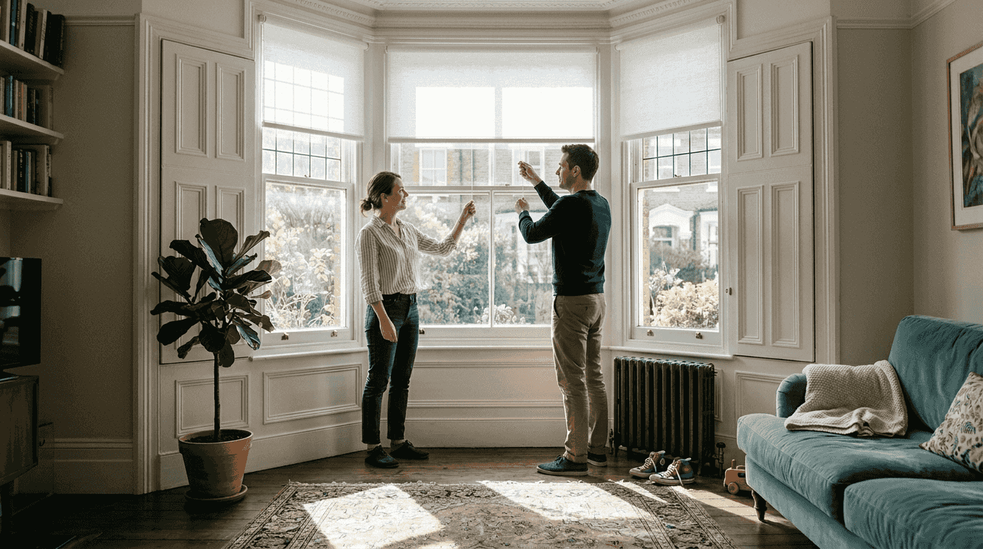Couple adjusting custom made to measure blinds