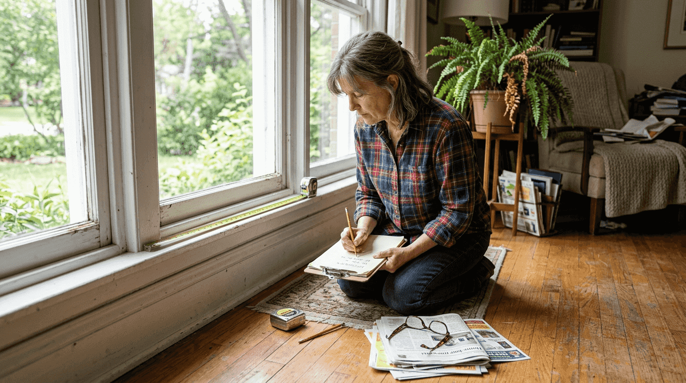 Woman measuring living room window with tools