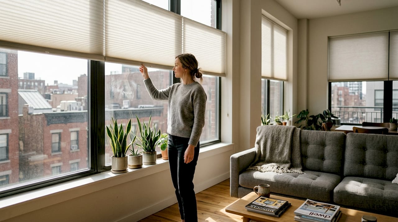 Person adjusting cellular window shade in bright living room
