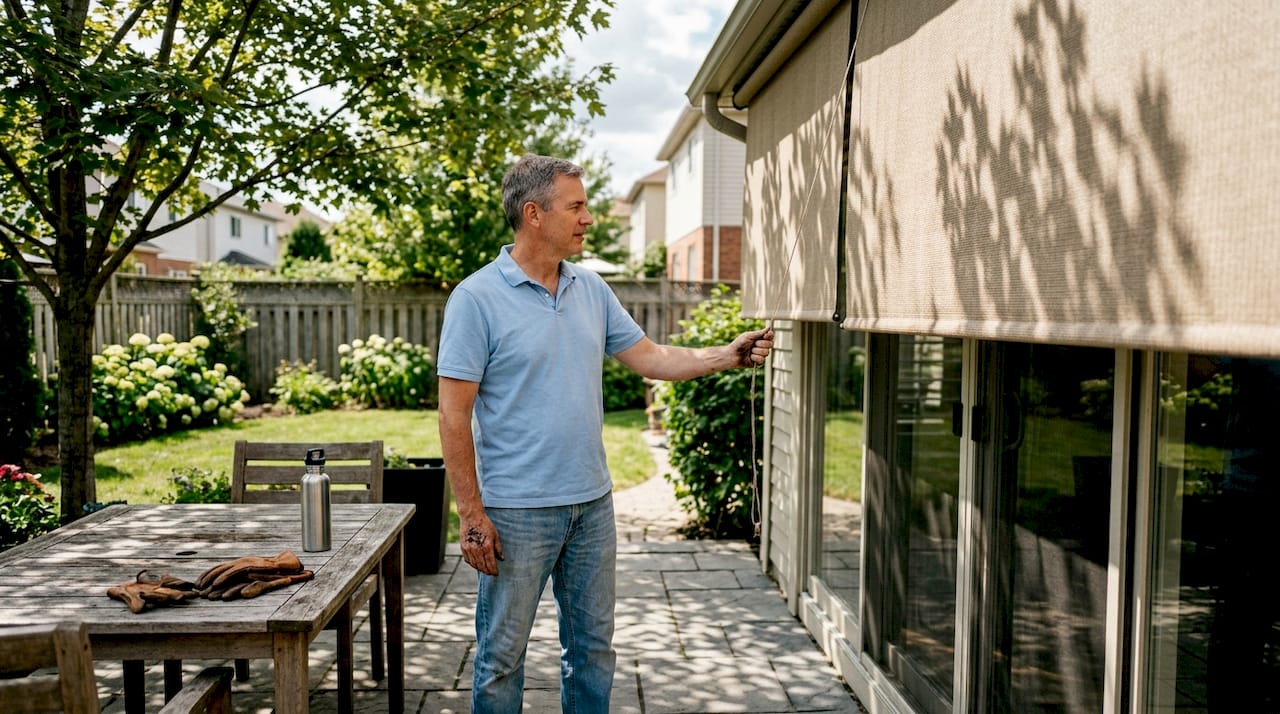 Homeowner adjusts roller outdoor shades on patio