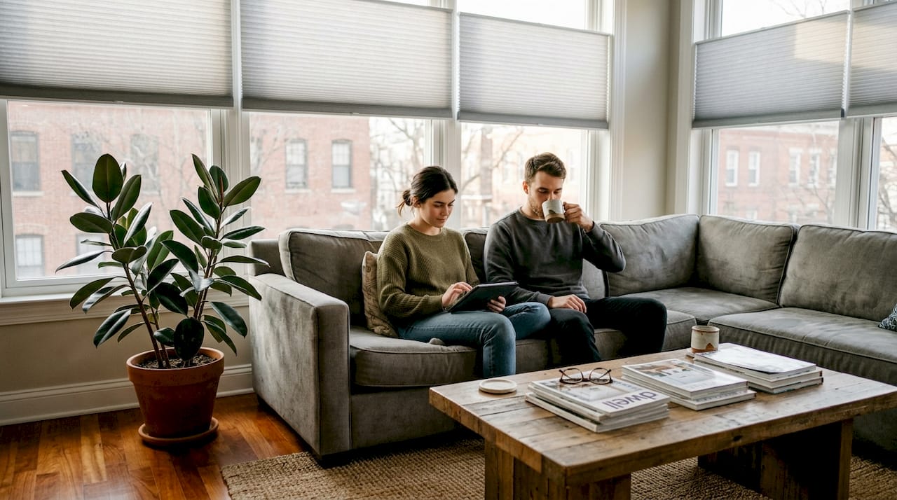 Couple relaxing in living room with modern shades