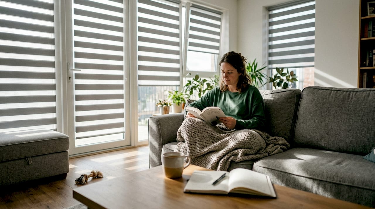 Living room with zebra shades filtering sunlight